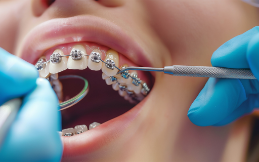 woman wearing fixed metal braces having an adjustment made to the incisor tooth bracket