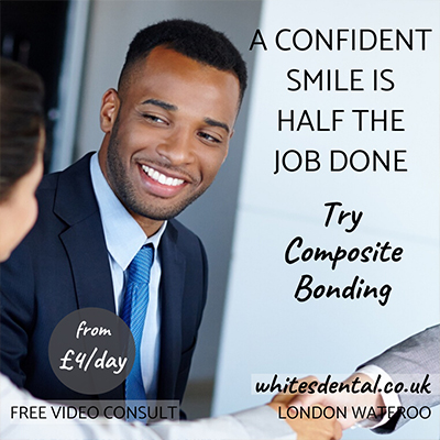 A composite bonding dentist with text 'a confident smile is half the job'