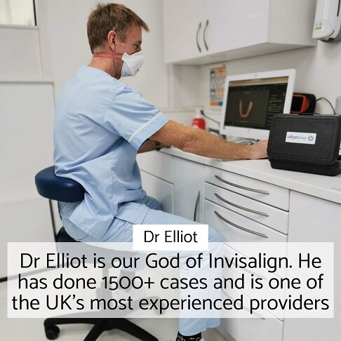 Photo of Dr. Elliot in clinic alongside a written description of his experience | Whites Dental