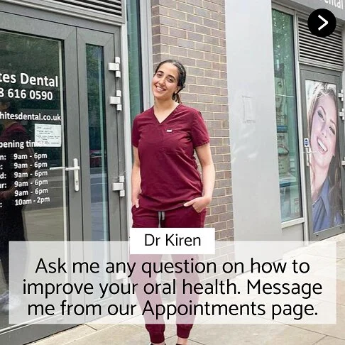 Dr. Kiren, Dentist in Paddington, smiling outside a dental clinic wearing burgundy scrubs, offering oral health advice