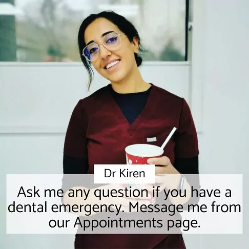 Dr. Kiren, Emergency Dentist in Paddington, smiling with a coffee cup, offering emergency dental assistance