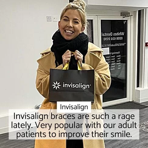 Woman smiling with Invisalign bag, highlighting popularity of Invisalign among adult patients at Dentist Paddington clinic